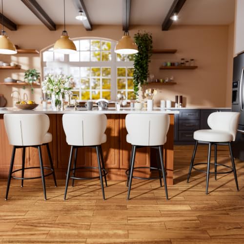 Image of 26 inch Cream White Bar Stools Set of 2, Swivel Kitchen Island Chairs