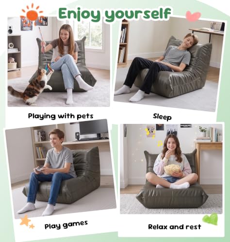 Image of Hobestluk Small Bean Bag Chair Leather Beanbag Lazy Floor Sofa Bean Bags with Memory Foam Filled Waterproof Lounge Sofa Armless Chair for Bedroom Playroom Dorm and Reading (Grey, Medium)