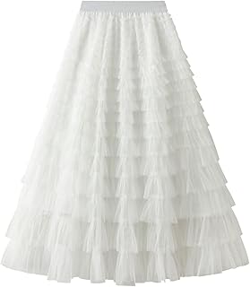 Faldas Midi Plisadas Falda Plisada de línea A para Mujer-Falda tutú Larga-Malla con Volantes-Longitud de Vintage-Gasa-Cintura Alta-Burbuja Moda Mujer Primavera 2025