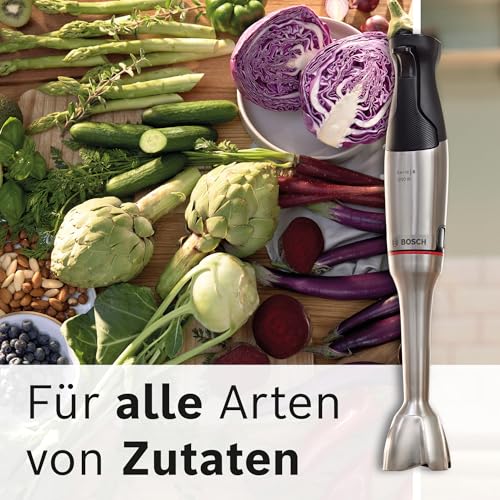 Bosch Stabmixer ErgoMaster Serie 6, Würfelschneider, Reibe, Schneebesen, einhändig bedienbar, 4 Edelstahl-Klingen verschleißfreie Keramik-Kupplung, Luftkühlung, langlebig 1200 W, MSM6M8X1