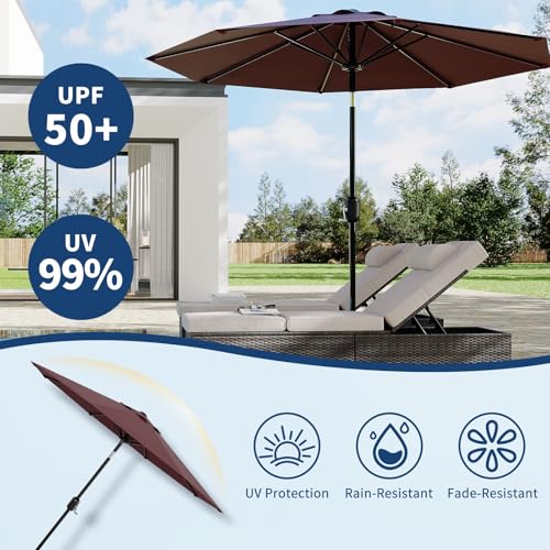 9Ft Patio Umbrella - 8 Sturdy Ribs Outdoor Table Umbrella with Crank Lift & Push Button Tilt - Market Umbrella for Pool, Deck, Yard, Garden - Dark Red