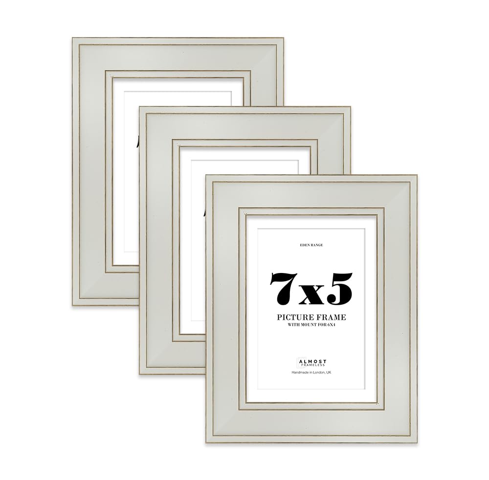 7x5" Light Grey Picture Frame with 6x4" Mount - Shabby Chic Photo Frame with Distressed Finish, Gold Trim, Wall Hooks and Kickstand, 37mm Edge - 3 Pack