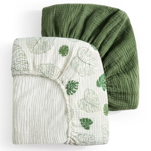 Image of Blissful Diary Muslin Crib Sheets, 2 Pack, Monstera & Dark Green | fitted for 52''x28'' crib mattress, soft and breathable cotton, boho style, easy care for machine wash, gift for boy and girl