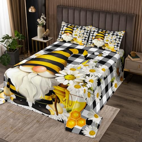Castle Fairy Daisy Gnomes Bedspread King Size Black White Grid Bedding Set 3pcs for Kids Girls Boys Teens Home Decor Bee Flowers Spring Style Comforter Set Plants Nature Quilt Set,2 Pillowcases