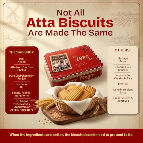 Image of The 1970 Shop 100% Atta Biscuit | Made in Desi Ghee | 0% Maida | No Preservatives | No Palm Oil | Authentic Indian Snack | Atta Biscuit For Healthy Tea Snacking | Premium Handmade Cookies | Eggless & Vegetarian | 200g | Pack Of 6