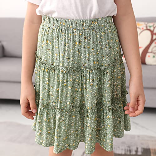 Gorlya Girls Ruffle Floral Boho Flowy Cute Tiered Short Mini Skater Skirts 4-14T (Gor1087,Greenprint,12Y) #TOP4