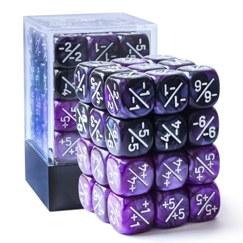 Juego de 36 contadores de dados positivos y negativos de 12 mm de mármol púrpura + morado y negro Géminis, dados de ficha pequeña compatibles con MTG, CCG, juegos de cartas