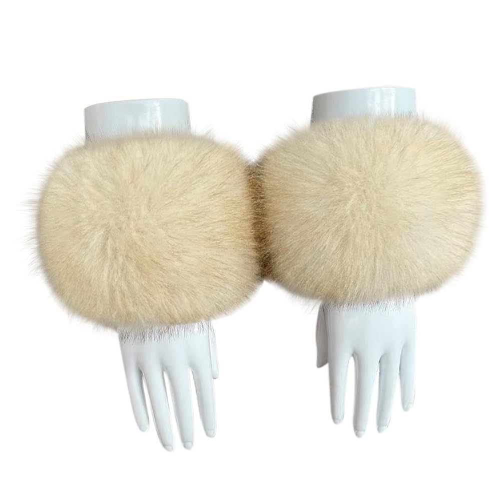 Surakey Winter Faux Fur Arm Warmers, Short Furry Wrist Band Ring Cuff for Women, Artificial Fur Wrist Cuffs Hand Warmers, Beige
