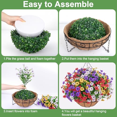 Image of Artificial Hanging Silk Flowers for Outdoors with Basket, Mix | Fake hanging plants with basket, silk daisy flowers, UV resistan, for porch balcony patio home spring summer decoration