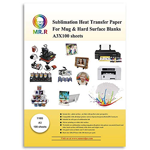 MR.R Papier de transfert de chaleur sublimé 110gsm A3 100 feuilles Convient pour les substrats durs, les tasses de sublimation, le verre plat et l'aluminium Cover
