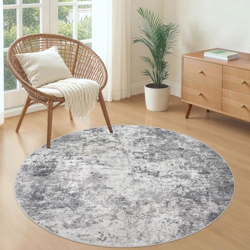 4ft Round Area Rug Living Room Rugs - 4x4 Washable Neutral Modern Abstract Soft Thin Rug Indoor Floor No Slip Rug Carpet for Bedroom Under Dining Table Home Office Decor - Grey