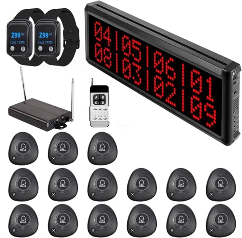 Wireless Calling System 1600+ Feet Restaurant Pager System with 1 Call Number Display/Long Range Signal Amplifier/15 Waterproof Call Buttons/2 Watch Pagers for Nurse Call Caregiver Pager Restaurant
