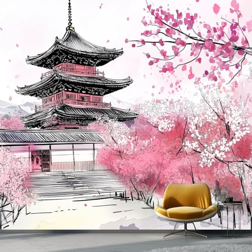 Murales Salon Papel Pintado 150 x 105 cm - Templo De Estilo Oriental Y Japonés Papel Pintado Mural No Tejido para Dormitorio, Fotográfico Decorativos de Paredes Rosa Murales