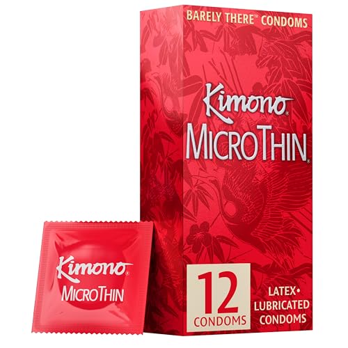 Kimono MicroThin Condoms Pack of 12 - Premium Lubricated Natural Latex, Thinnest, Vegan-Friendly, No Latex Odor - Thin, Strong, and Extra Sensitive