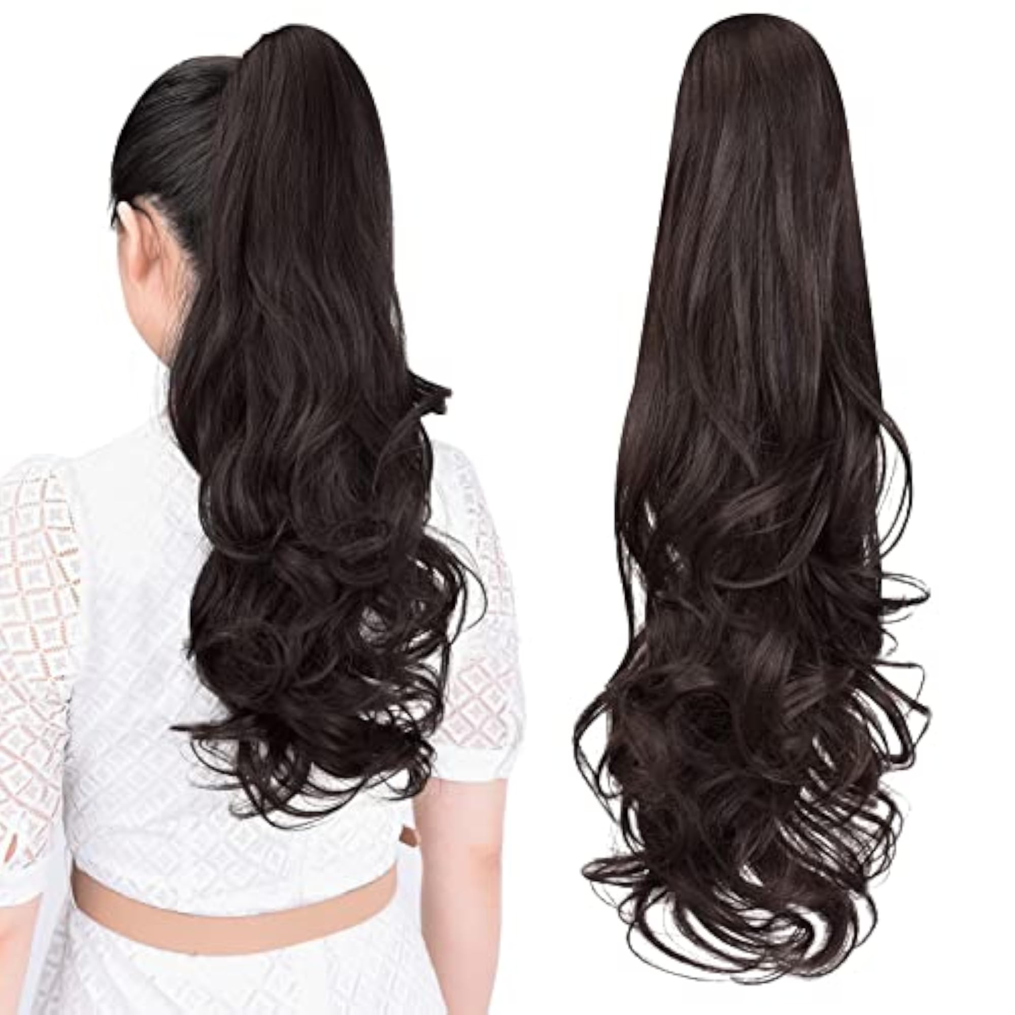 22" Curly Wavy Clip in Ponytail Hair Extensions for Women, Brown