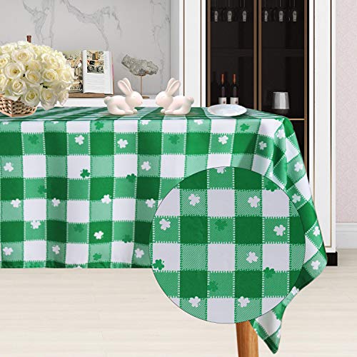 SARAFLORA St Patrick\'s Day Checkered Fabric Rectangle Table Cloth, Polyester Shamrock Pattern Tablecloth, Table Cover Protector for Party, Banquet, Dinner Decoration Use, 60 x 120 Inch, Green & White