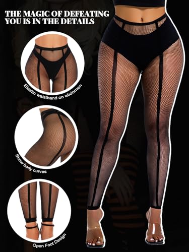 Image of Buitifo Women Sexy Tights Fishnet Opening Leggings Lingerie Pants | Stripe Pantihose Sheer Mesh Bikini Cover Up Cute for Outfits One Size