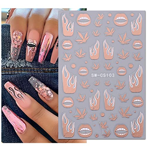 8Sheets Metallic Nail Art Stickers Lip Flame Maple Leaf Nail Decals 3D Self-Adhesive Nail Supplies Stars Moon Silver Rose Gold Line Nail Art Design French Stickers For Women Girls Manicure Decorations #TOP1