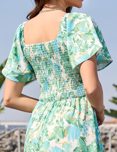 Image of Bridesmay Women's Floral Midi Dress Short Sleeve Summer Casual Dress Flowy Beach Wedding Guest Square Neck Sundress