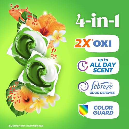 Image of Gain Flings Liquid Washing Detergent Pacs with Odor Defense + Color Guard, Island Fresh Scent, 4-In-1 Liquid Laundry Detergent Pods, Clean & Fresh, 60 Count (Packaging May Vary)