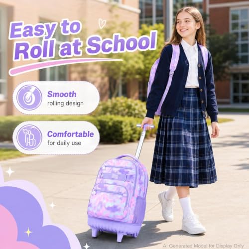 Image of 3Pcs Rolling Backpack for Girls Women, Travel Roller Backpacks with Wheels for Adults, Teens College Tie-Dye Wheeled Bookbag with Lunch Box(Purple)