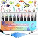 RATEL Rotuladores Acuarelables incluye 24 plumas de pincel de acuarela con punta de pincel de nylon flexible, 1 pluma de pincel de agua, 1 almohadilla de acuarela para libros