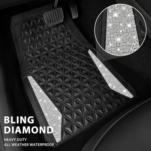 CAR PASS Bling Diamond Car Mats Rubber Floor Mats Full Set Anti-Slip 3D Rhombus Waterproof Trim to Fit Liner Universal Glitter Crystal Sparkly Shining Rhinestone Girl Women SUV Sedan, Silver Diamond - Thumbnail 2