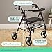 Medline Large Extra Wide Aluminum Bariatric Rollator Walker with Seat, Burgundy, 400 lb. Weight Capacity, Foldable, Under Seat Storage, 8
