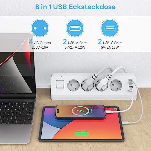 Ecksteckdose mit 2 USB und 2 Type-C, 4 Fach Mehrfachsteckdose mit Schalter, Steckdosenleiste Überspannungsschutz mit 2M Kabel für Küche (Weiß) 2