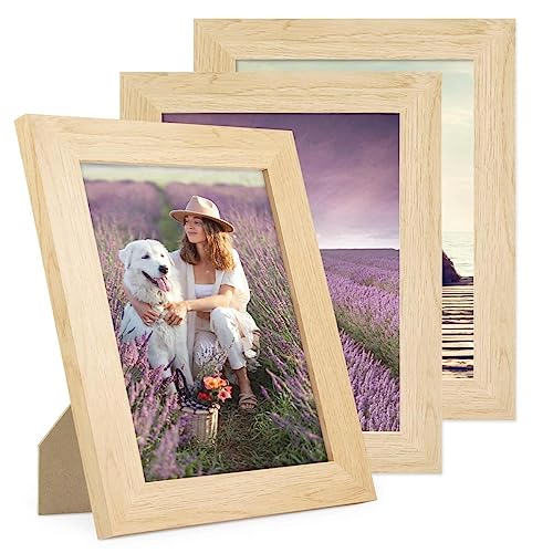 PHOTOLINI Marco 15x20 cm madera MDF pino, set de 3 marcos anchos, moderno, cristal acrílico sólido, para colgar y poner de pie, accesorios adicionales - para una decoración elegante de su pared