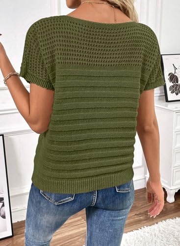 Image of SHEWIN Womens Sweaters Crew Neck Short Sleeve Shirts Summer Tops Knit Hollow Out T Shirts Sweater Blouses