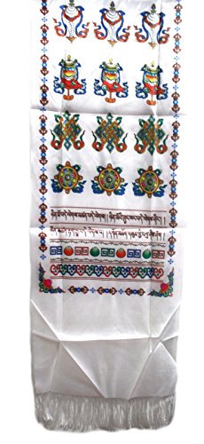 Tibetan White Prayer Scarf Katas with 8 Symbol (8 Auspicious Signs)