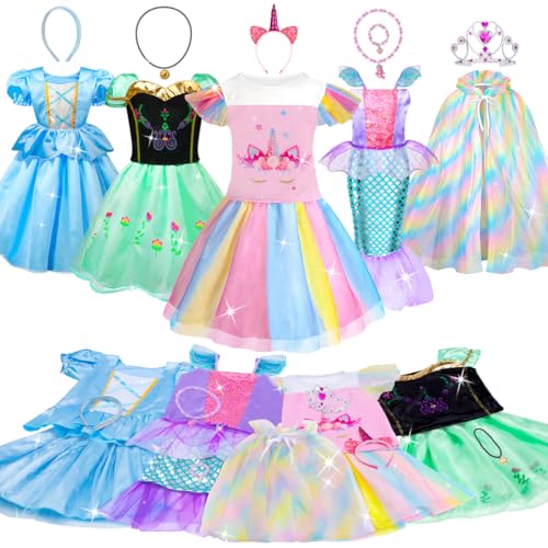 Meland Prinzessin Kostüm Mädchen, 4 Set Prinzessin Verkleidung Kinder mit Krone, Umhang für Mädchen 3-8 Jahre, Kostüm Kinder...