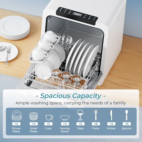 EUHOMY Countertop Dishwasher Portable, 8 Programs Mini Dishwasher with 5L Built-in Water Tank and Inlet hose, No Hookup Needed, Dishwasher with Self Clean/Baby Care/Air Dry, for Apartments, RVs, White