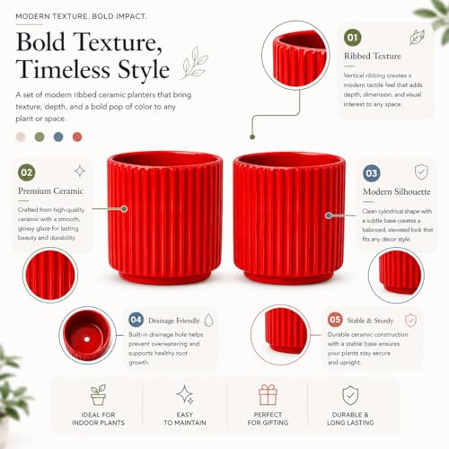 Image of Xtore 2Pc Striking Ribbed Red Ceramic Planter Pot for Indoor Plants & Bonsai Styling | Compact Round Design for Tabletop, Shelf & Desk Decor (Red, Pack of 2 - Planters only)