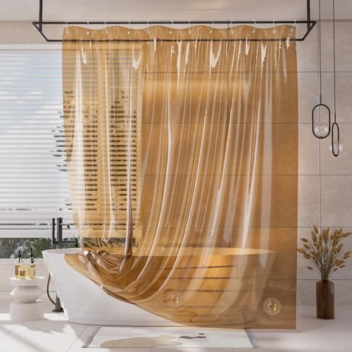 Image of AmazerBath Shower Curtain Liner, EVA Clear Orange-Brown Heavy Duty Shower Curtain and Liner 2-in-1, 72x72 Luxury Plastic Weighted Bathroom Shower Liner, 12 Rustproof Grommets & 3 Heavyweight Stones