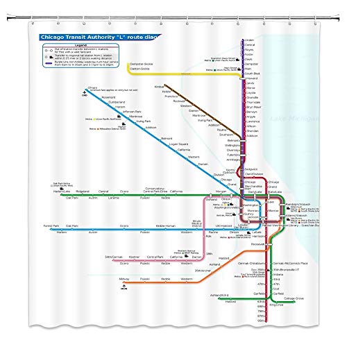 AMHNF Subway Map Shower Curtain Chicago Transit Authority Route Personalized Creative Design Home Bathroom Decor Quick Dry Fabric with 12 Hooks?70x70 Inch?White