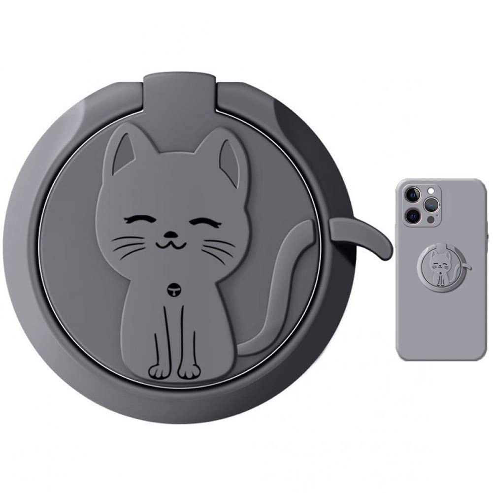 Hrippy Grey Cute Cat Phone Ring Stand Holder 360 Rotation Spin Phone Ring Grip Socket Metal Cat Convenient Smartphone Bracket For Cellphone