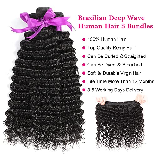 10A Deep Wave Bundles Human Hair 20 22 24 Inch Brazilian Deep Wave Human Hair Bundles Wet And Wavy Bundles 100% Unprocessed Virgin Curly Human Hair Weave 3 Bundles Deals 1B Natural Black Color #TOP1