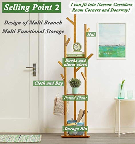 Image of LEOPAX Bamboo Freestanding Coat Rack With 3 Shelves And 7 Hooks, Coat Tree For Bedroom, Entryway, Livingroom, Coat Hanger Stand For Coats, Scarves, Handbags - Natural Color, 22.9 x 172.7 x 22.9 Cm