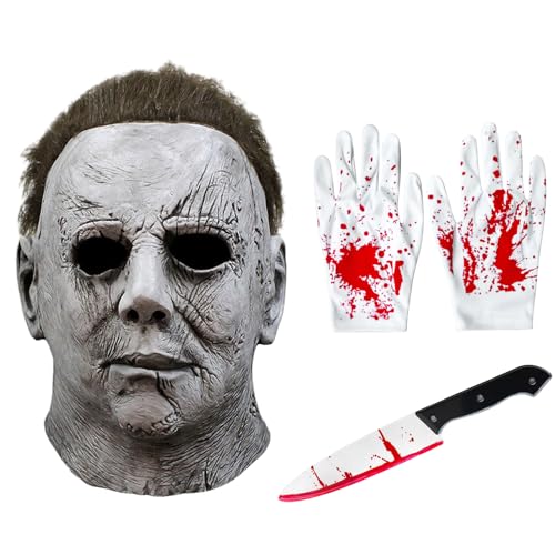 Kefyvbdj Máscara Michael Myers Halloween com luvas e faca, máscaras de látex terror com cabelo, máscara carnaval horror cosplay, ideal para combinar com o disfarce de Michael Myers
