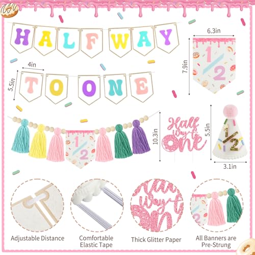 Image of 1 /2 Birthday Girl Half Birthday Decorations, Donuts Candy Half Way to One Banner Glitter Cake Topper Tassel Wood Bead High Chair Banner & Cone Hat 6 Months birthday Decorations Party Supplies