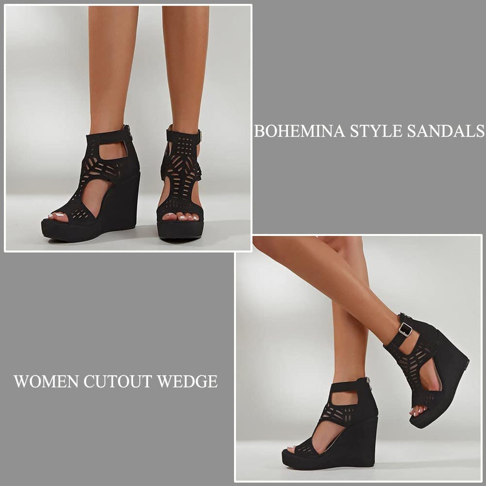 AOSPHIRAYLIAN Wedge Sandals for Women Open Toe Cutout Platform Bohemian Sandals High Heel Buckle Ankle Strap Comfy Summer Sandals: 7.5 Black