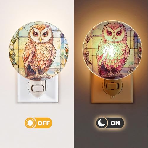 Image of Owl Night Light - Stained Glass Styled Plug-in Wall Light for Vertical Outlets - Real Glass, Warm Glow for Bedroom, Bathroom, Hallway - Cottagecore