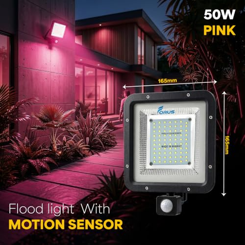 Image of Forus 50W LED Flood Light Pink with Motion Sensor Auto On Off Day Night Mode Waterproof Outdoor Security Light for Garden Parking Garage Factory Warehouse Shop High Bright Floodlight 4Yr Warranty-1Pc