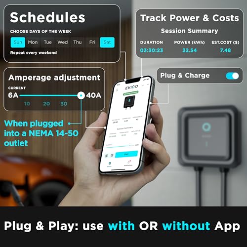 EVIQO Level 2 EV Charger 40 Amp - 9.6 kW 240V Wall Home EV Charger Level 2, NEMA 14-50 Plug, J1772 25' Cable - Enhanced Wi-Fi – UL, ETL Certified EVSE, Smart Electric Vehicle Charging Stations – GEN 2