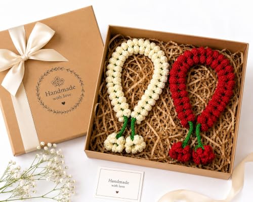 Image of Handmade Crochet Gajra Set of 2 for Women & Girls | Red & Cream Floral Hair Decoration | Traditional Indian Hairstyle Accessory for Navratri Onam Diwali Wedding