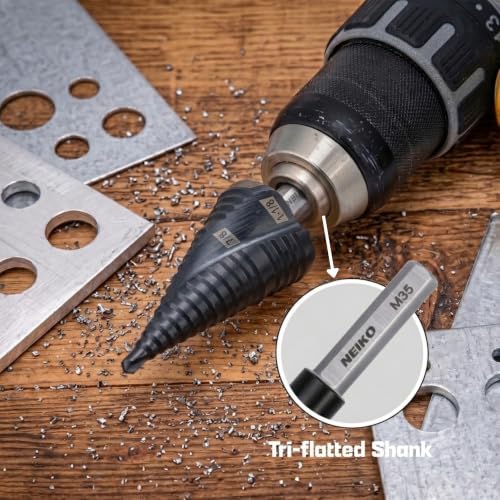 Image of NEIKO 10627B Step Drill Bit, 2 Steps 7 /8 inch to 1-1 /8 inch Spiral M35 Cobalt, AlTiSiN Coated, 3 /8 inch Tri-Flat Step Bits for Steel, Metal, Wood, Plastic, Unibit Cone Drill Bits, Two Flute
