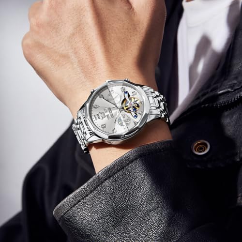Image of OLEVS Automatic Men Watch Self Winding Mechanical Moon Phase Business Luxury Diamond Dress Stainless Steel Waterproof Luminous Mens Wrist Watch