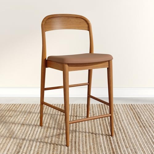 Image of Plank+Beam Loar Upholstered Counter Stool, Solid Rubberwood, Mid-Century Modern Kitchen Bar Chair, Curved Back, Low-VOC Finish, Counter Height Seating, Pecan /Toffee